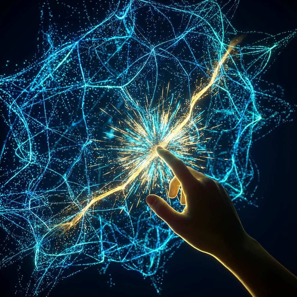 Human hand touching AI matrix